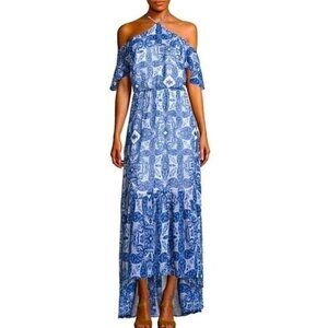 Bella Sky Halter Top Blue Geometric Cottegecore Hi-Low Maxi Dress size XS